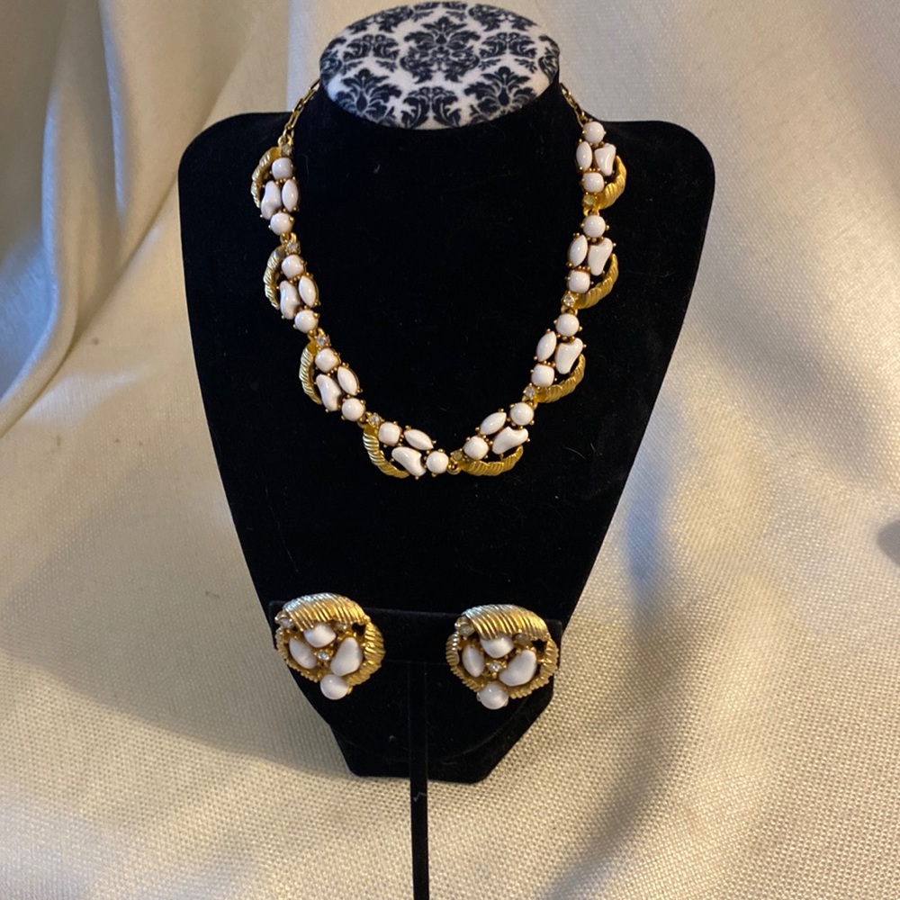 Vintage Rousseau Gold, White Milk Glass & Rhinestones Necklace & Clip Earrings